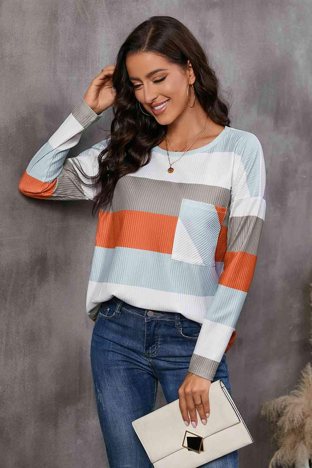 Wide Stripe Top with Pocket Blouses - Tophatter Daily Deals