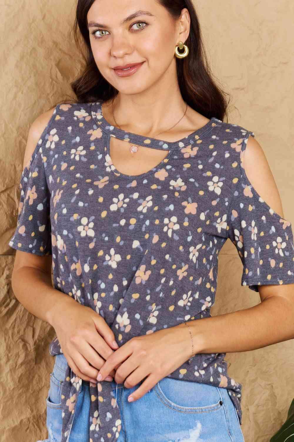 Heimish On My Own Full Size Cold Shoulder Keyhole Floral Print Top Women's T-Shirts - Tophatter Daily Deals