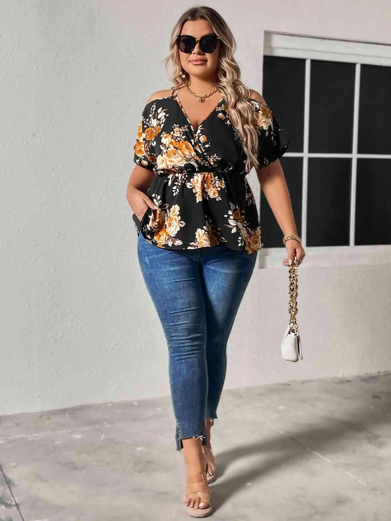 Plus Size Floral Print Cold Shoulder Surplice Neck Blouse Blouses - Tophatter Daily Deals