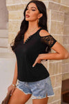 Notched Neck Cold-Shoulder Spliced Lace Top Blouses - Tophatter Daily Deals