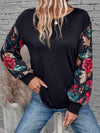 Floral Round Neck Long Sleeve Top Black Blouses - Tophatter Daily Deals