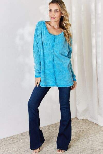 Zenana Oversized Waffle Long Sleeve Top Blouses - Tophatter Daily Deals