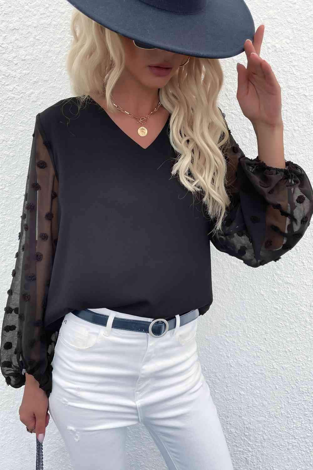 Swiss Dot Sleeve V-Neck Top Blouses - Tophatter Daily Deals