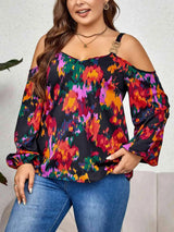 Plus Size Printed Cold Shoulder Long Sleeve Blouse Multicolor Blouses - Tophatter Daily Deals