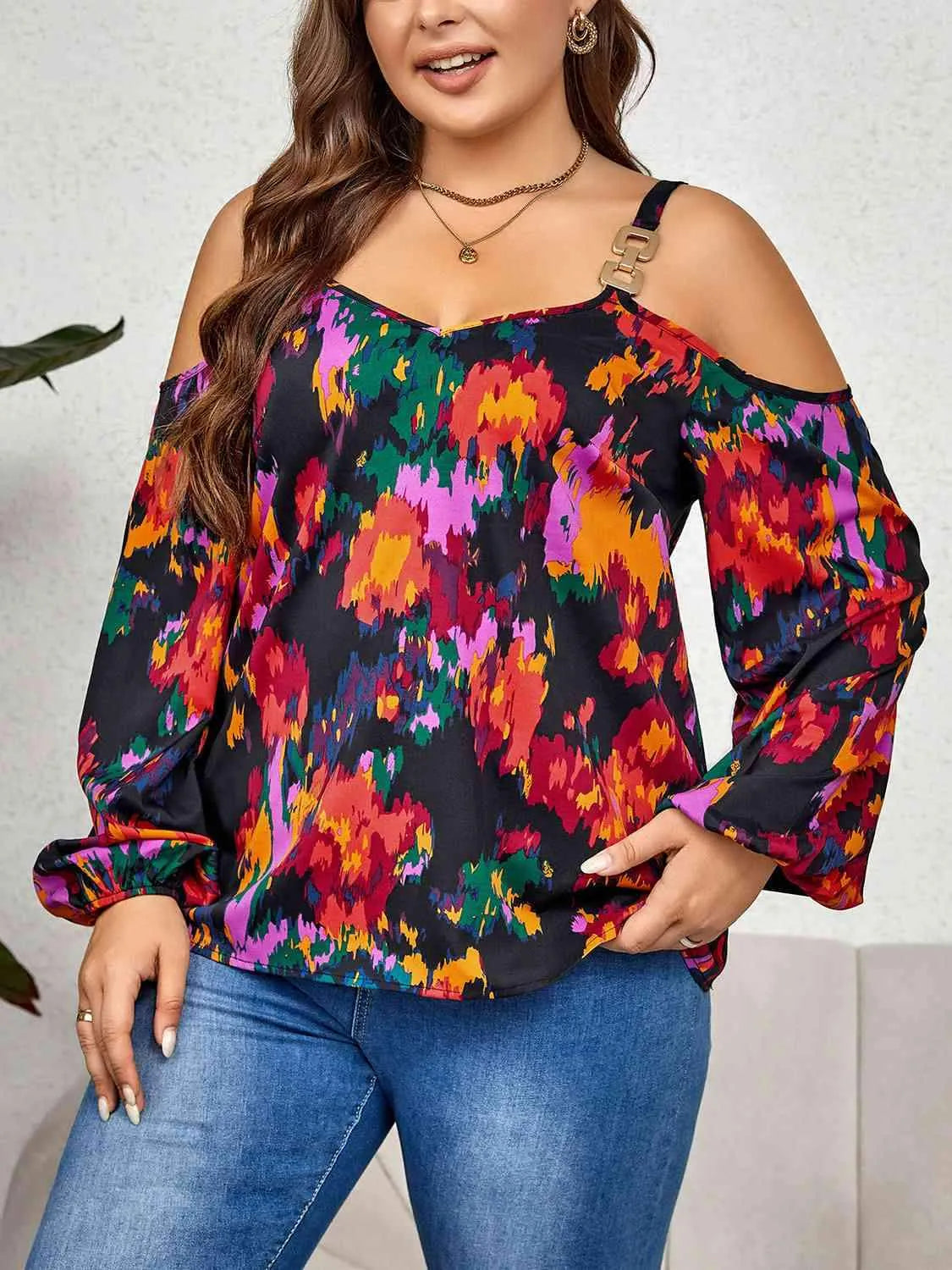 Plus Size Printed Cold Shoulder Long Sleeve Blouse Multicolor Blouses - Tophatter Daily Deals