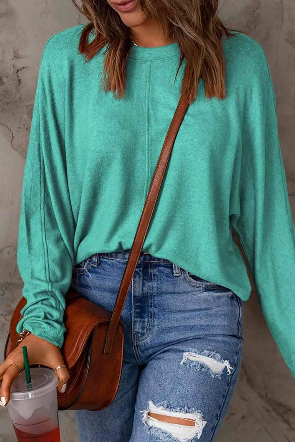 Seam Detail Round Neck Long Sleeve Top Women's T-Shirts - Tophatter Daily Deals
