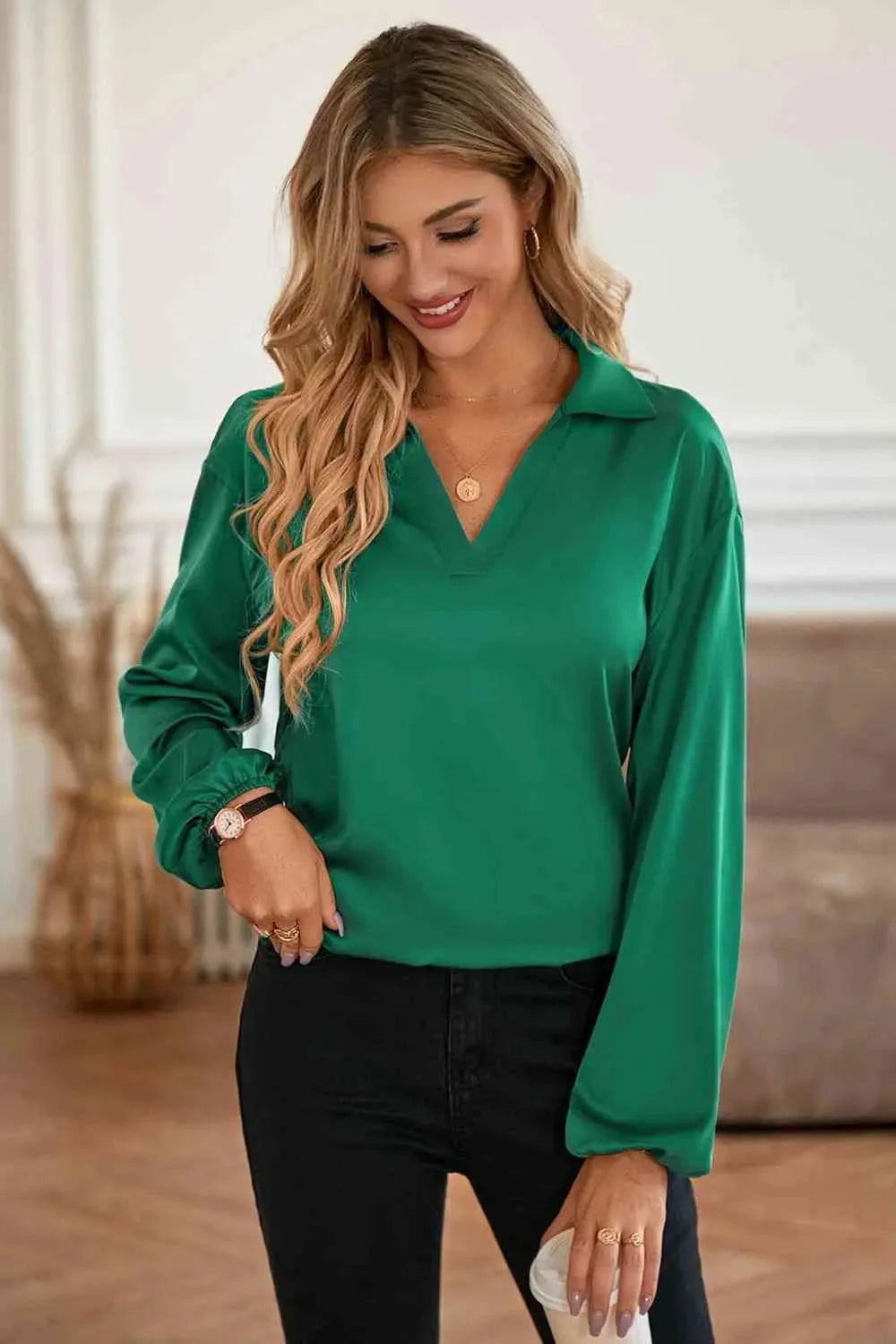 Johnny Collar Lantern Sleeve Blouse Blouses - Tophatter Daily Deals