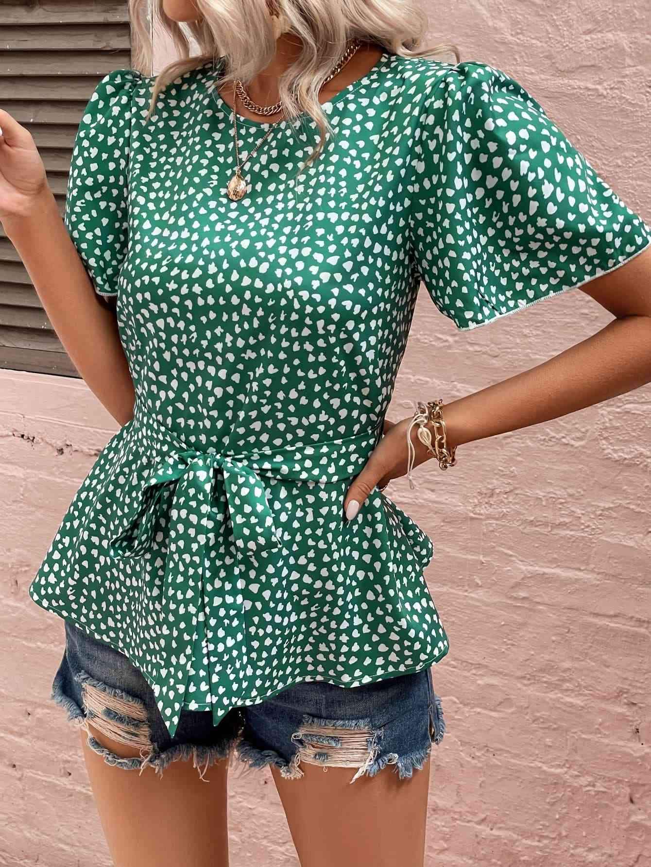 Heart Print Tie Belt Puff Sleeve Blouse Blouses - Tophatter Daily Deals