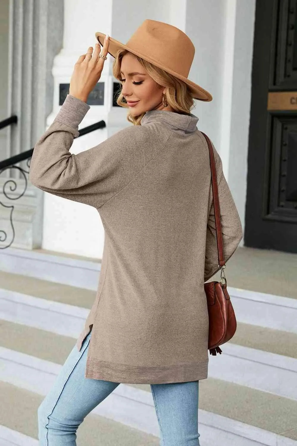 Turtle Neck Long Sleeve Slit Blouse Blouses - Tophatter Daily Deals