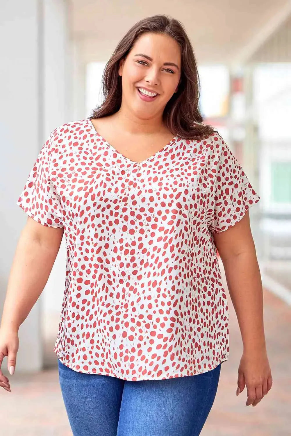Plus Size Printed V-Neck Short Sleeve Blouse Blouses - Tophatter Daily Deals