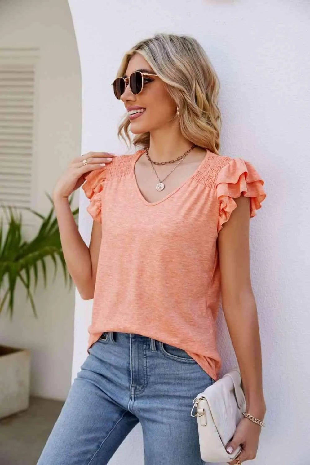 Smocked Flutter Sleeve V-Neck Top Sherbet Blouses - Tophatter Daily Deals