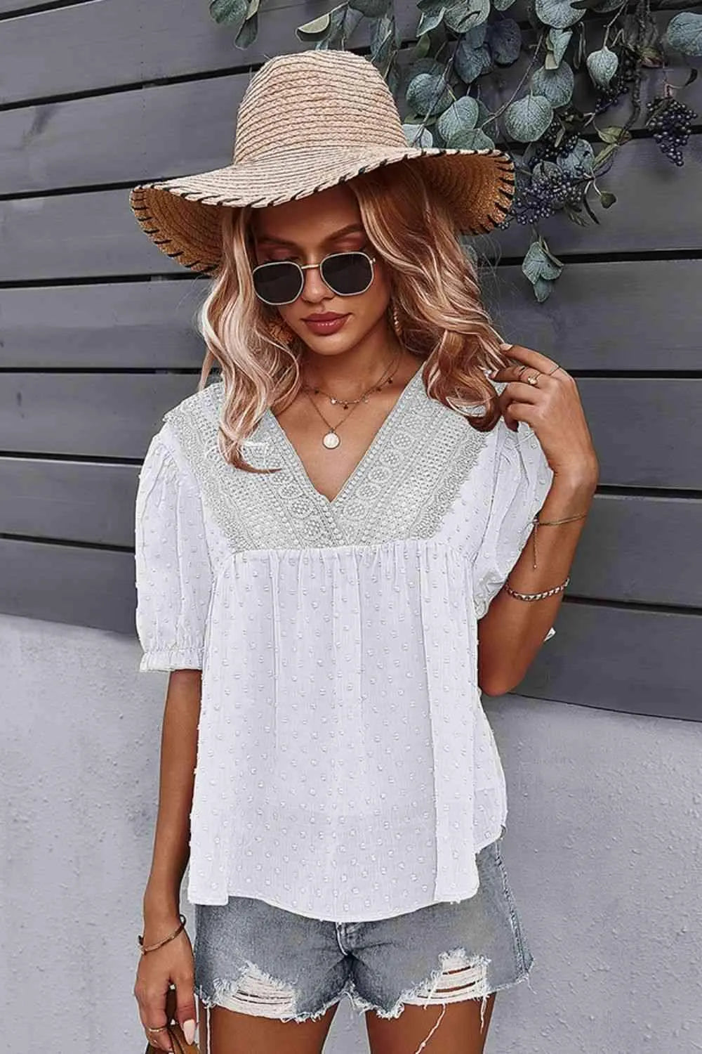 Swiss Dot V-Neck Flounce Sleeve Blouse Blouses - Tophatter Daily Deals