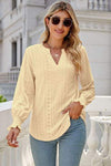 Eyelet Notched Lantern Sleeve T-Shirt Pastel Yellow Women's T-Shirts - Tophatter Daily Deals