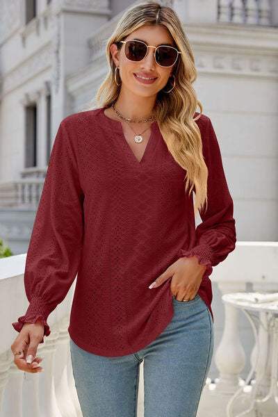 Eyelet Notched Lantern Sleeve T-Shirt Women's T-Shirts - Tophatter Daily Deals