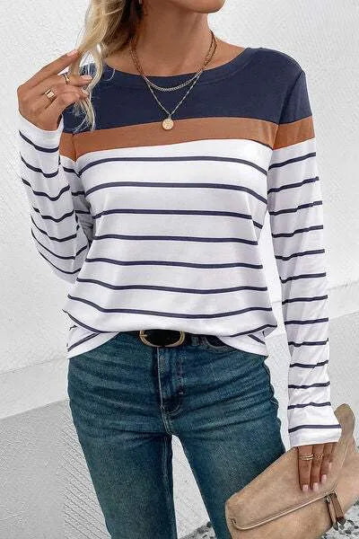 Striped Round Neck Long Sleeve T-Shirt Navy Women's T-Shirts - Tophatter Daily Deals