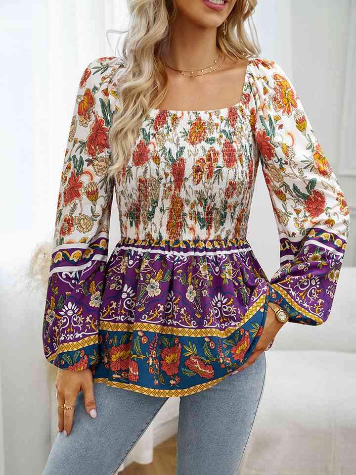 Square Neck Printed Blouse Red Orange Blouses - Tophatter Daily Deals