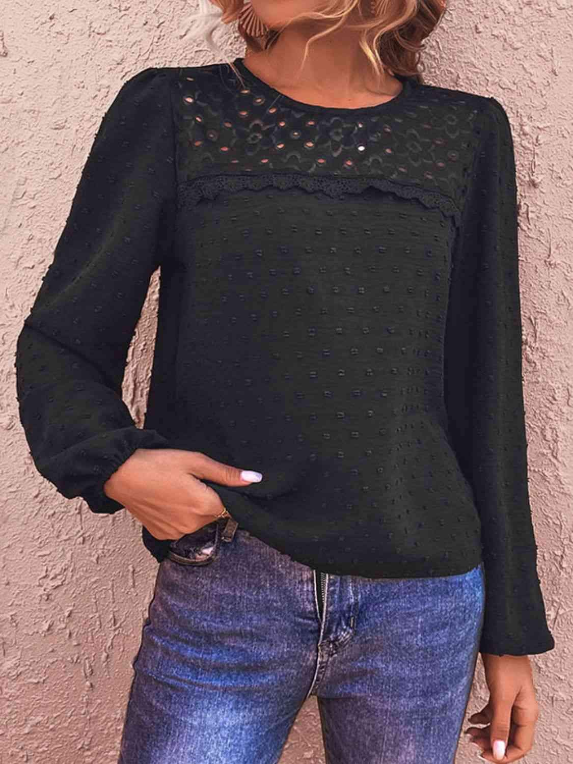 Swiss Dot Lace Trim Long Sleeve Blouse Black Blouses - Tophatter Daily Deals