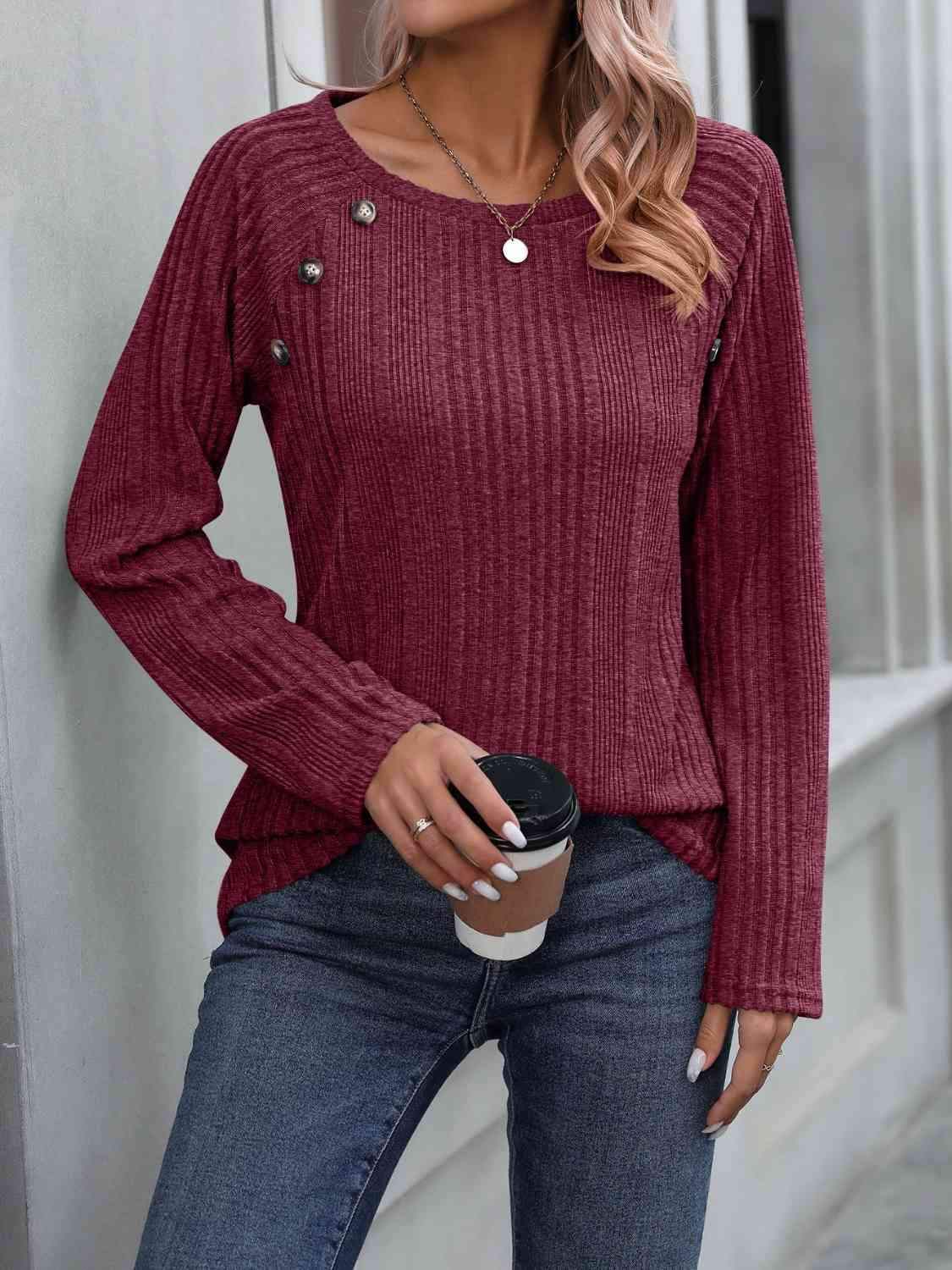 Ribbed Buttoned Round Neck Long Sleeve T-Shirt Women's T-Shirts - Tophatter Daily Deals