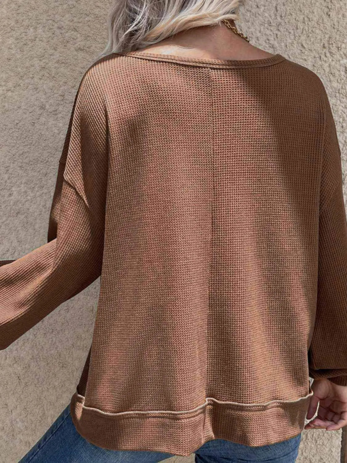 V-Neck Waffle-Knit Slit Top Blouses - Tophatter Daily Deals