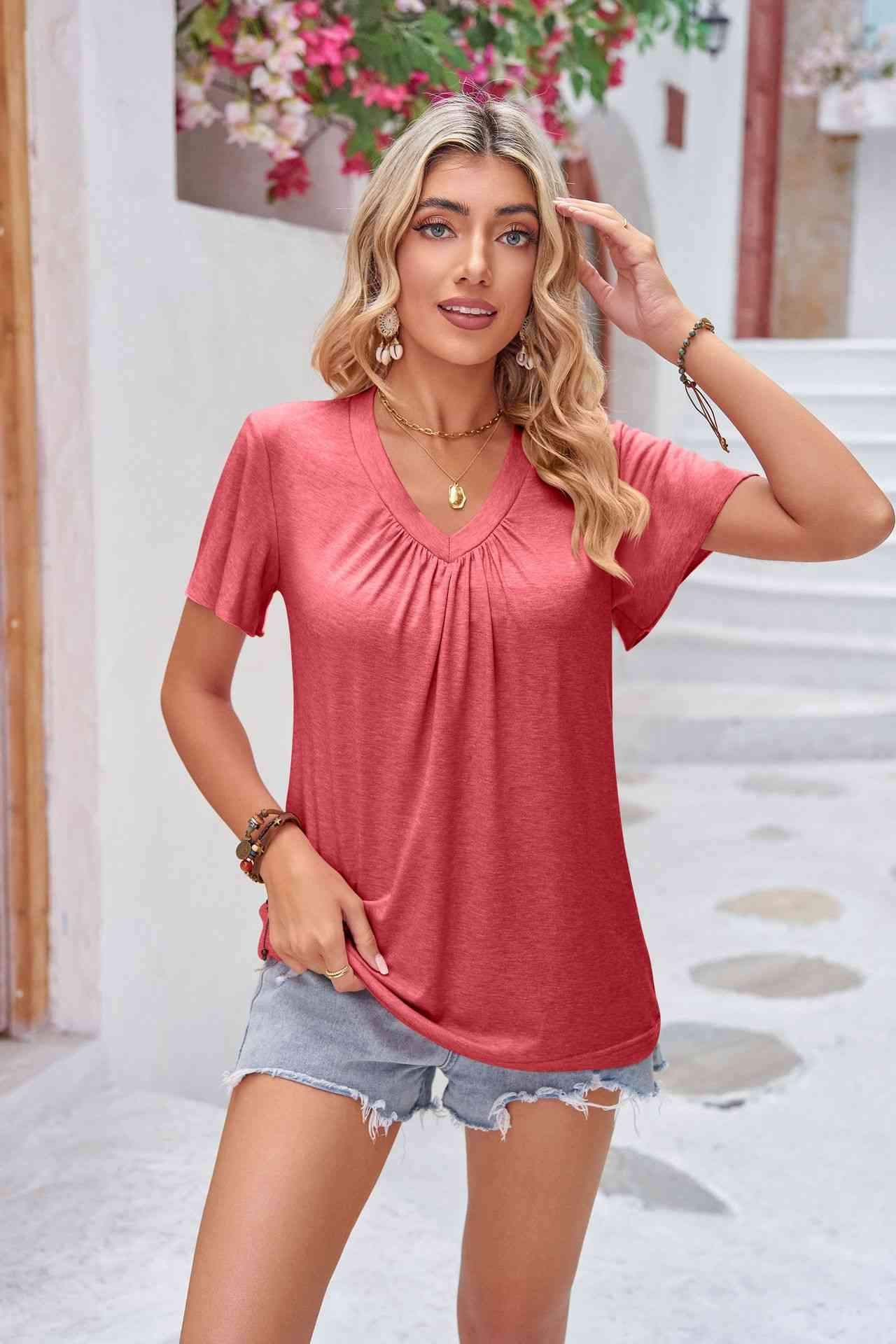 Ruched V-Neck Short Sleeve Tee Women's T-Shirts - Tophatter Daily Deals