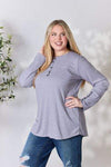 Heimish Full Size Texture Half Button Long Sleeve Top Blouses - Tophatter Daily Deals