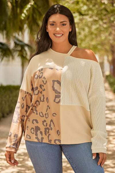 Plus Size Leopard Color Block Long Sleeve T-Shirt Cream Women's T-Shirts - Tophatter Daily Deals