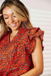 Double Take Floral Flutter Sleeve Notched Neck Blouse Blouses - Tophatter Daily Deals