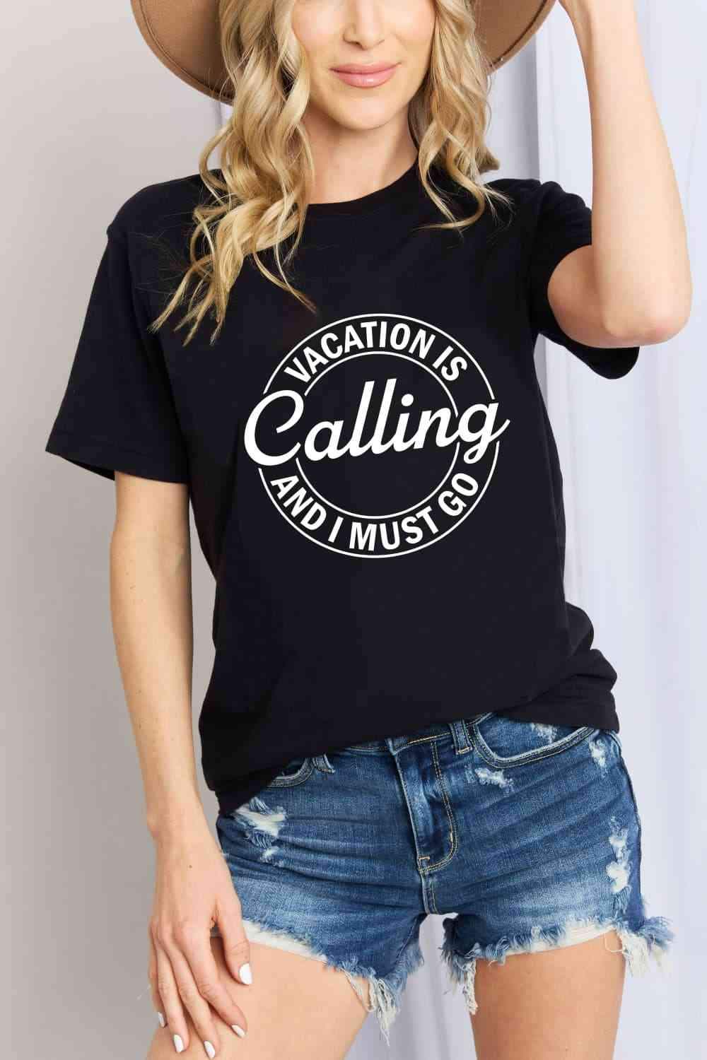 Simply Love VACATION IS CALLING AND I MUST GO Graphic Cotton T-Shirt Black Women's T-Shirts - Tophatter Daily Deals