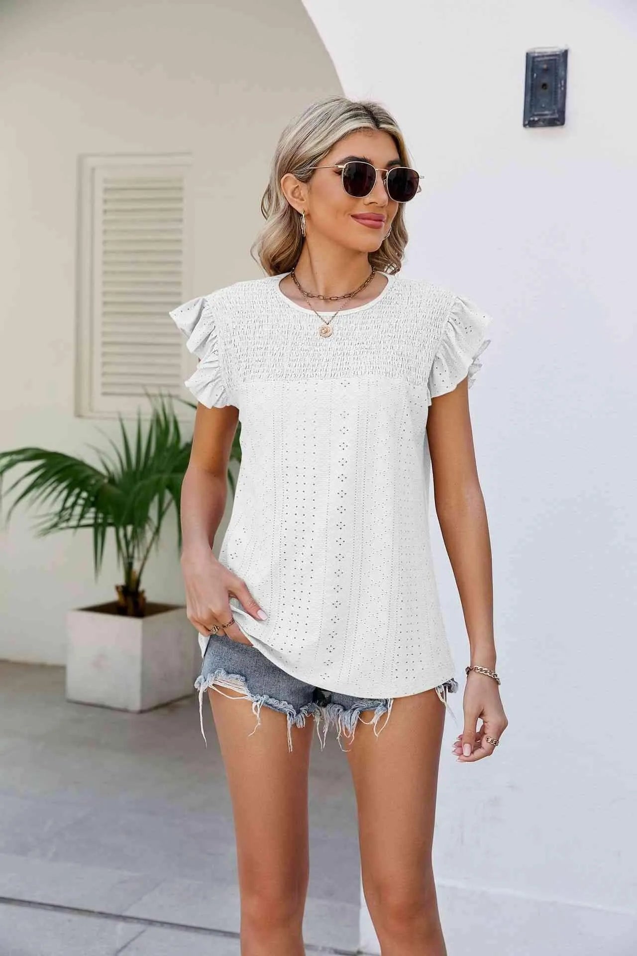 Smocked Round Neck Flutter Sleeve Top Blouses - Tophatter Daily Deals