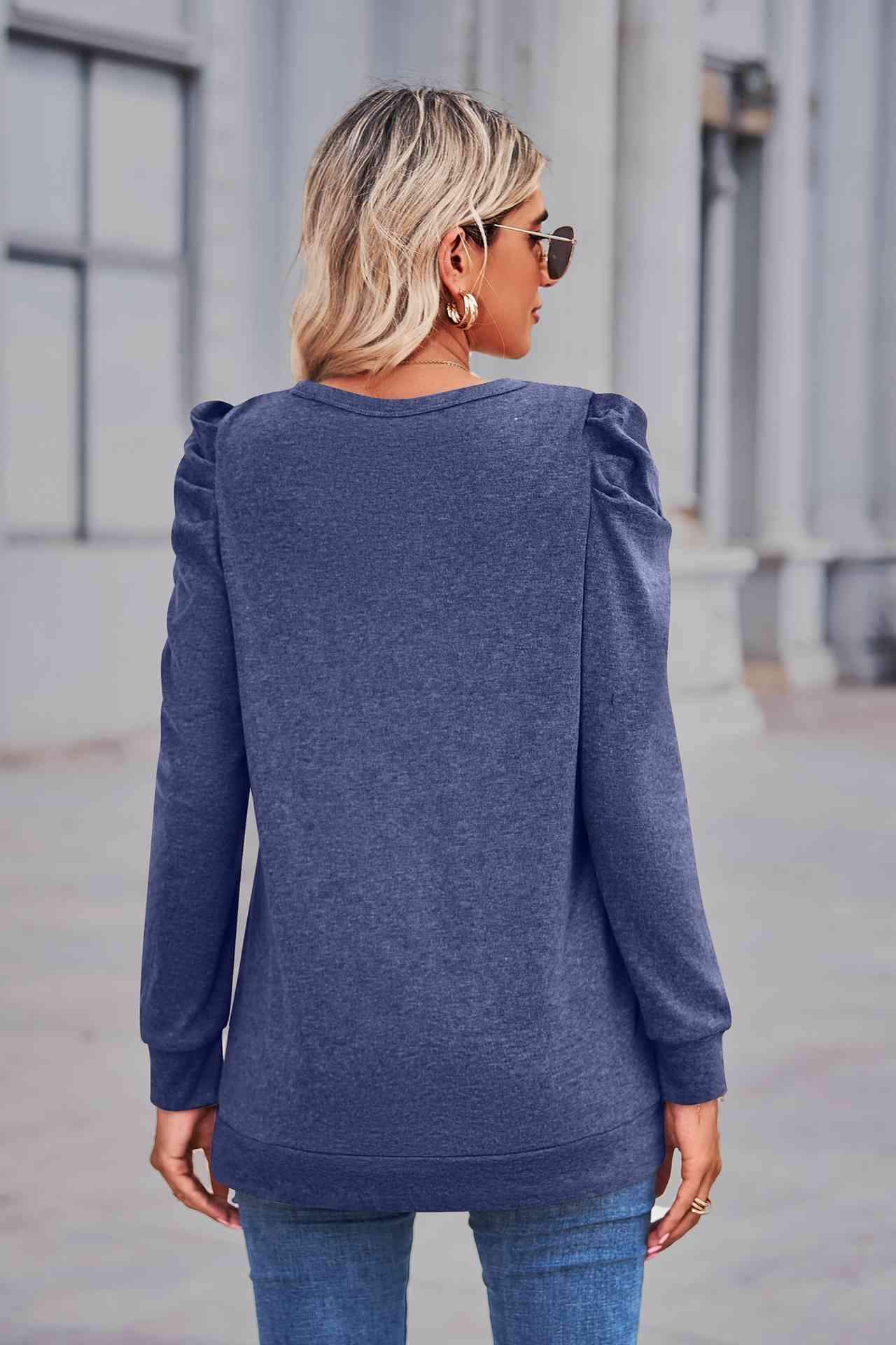 Heathered Puff Sleeve Round Neck Tunic Top Women's T-Shirts - Tophatter Daily Deals