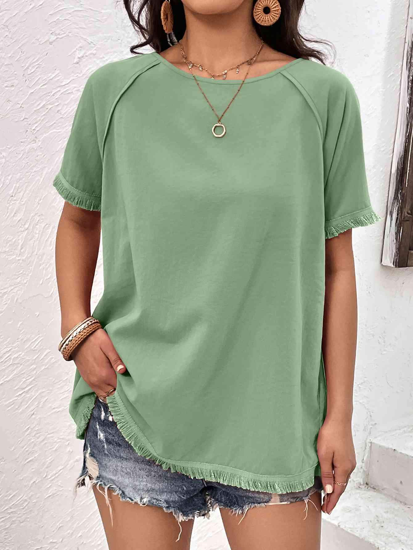 Round Neck Raglan Sleeve Fringe Detail Top Gum Leaf Blouses - Tophatter Daily Deals