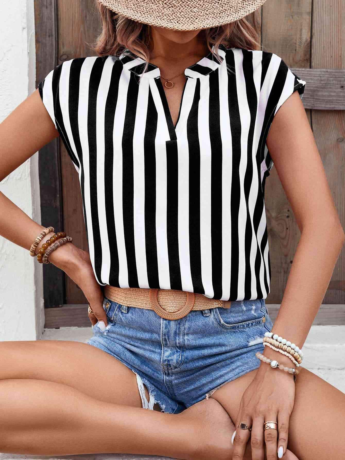 Striped Notched Neck Cap Sleeve Blouse Blouses - Tophatter Daily Deals