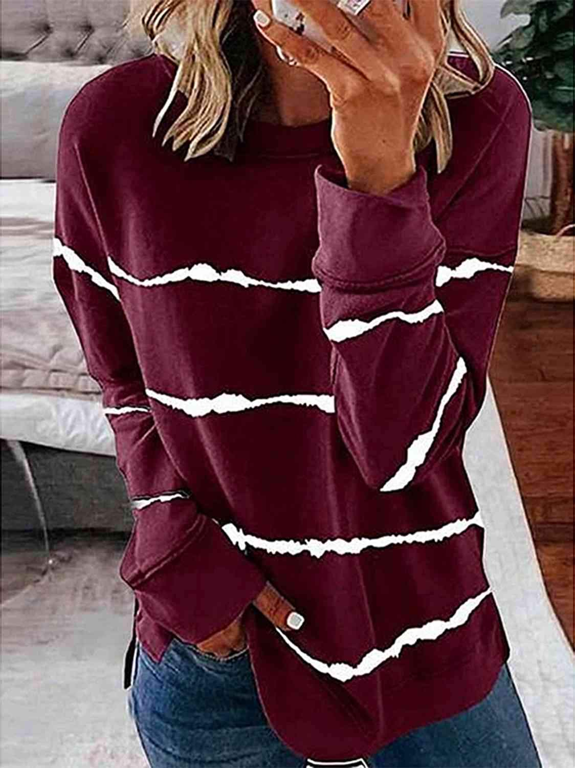 Striped Round Neck T-Shirt Wine Women's T-Shirts - Tophatter Daily Deals