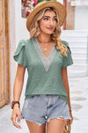 Eyelet V-Neck Petal Sleeve T-Shirt Gum Leaf Women's T-Shirts - Tophatter Daily Deals