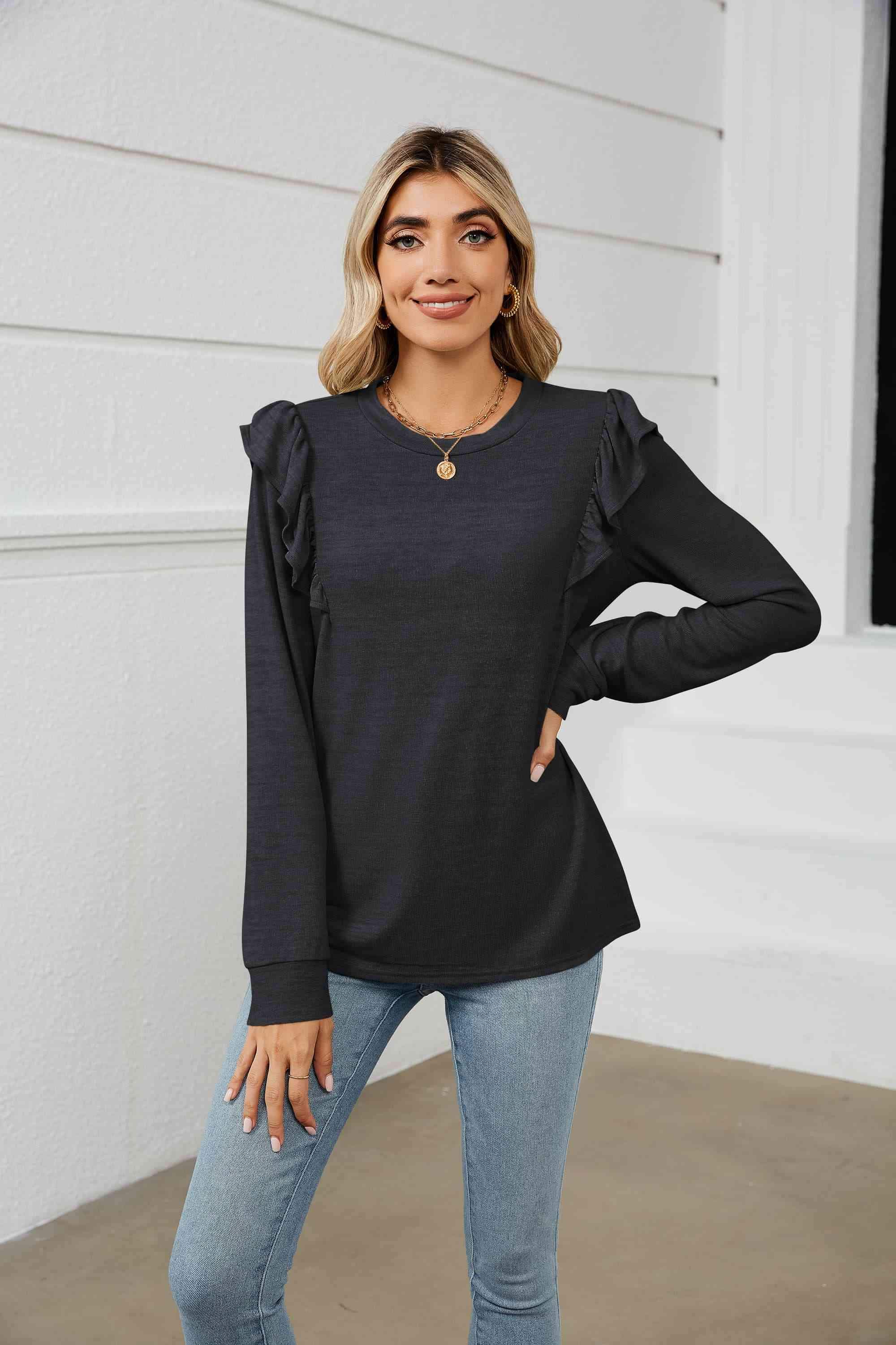 Ruffle Shoulder Long Sleeve T-Shirt Black Women's T-Shirts - Tophatter Daily Deals