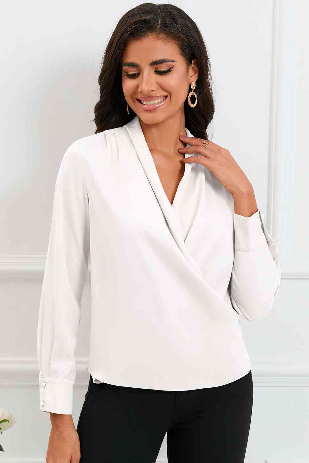 V-Neck Buttoned Long Sleeve Blouse - Tophatter Deals