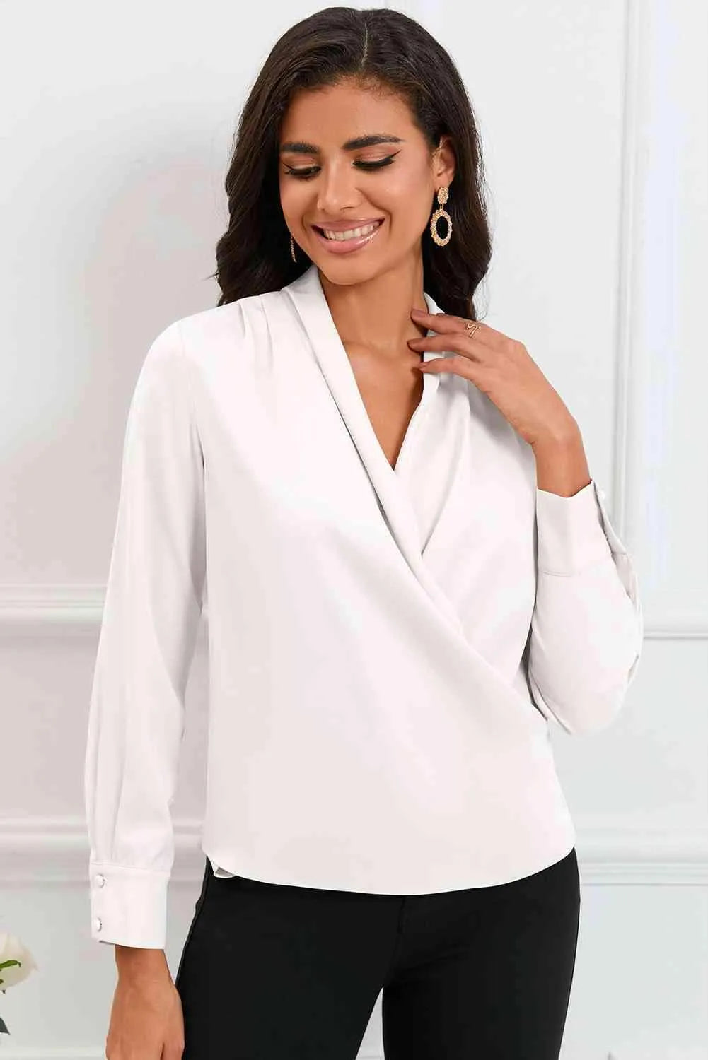 V-Neck Buttoned Long Sleeve Blouse Blouses - Tophatter Daily Deals