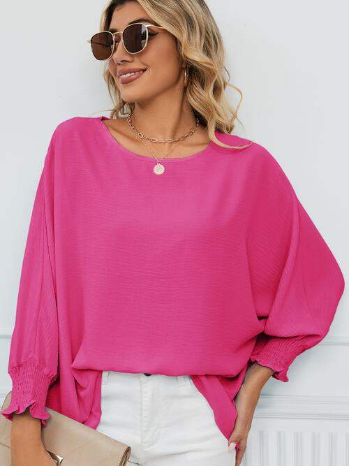 Smocked Lantern Sleeve Round Neck Blouse Blouses - Tophatter Daily Deals