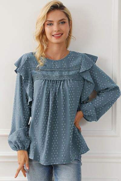 Round Neck Ruffled Blouse Blouses - Tophatter Daily Deals