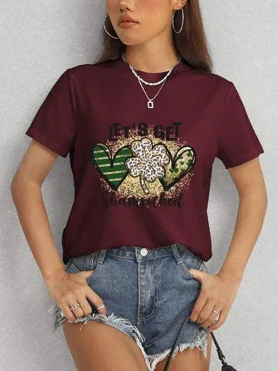 Lucky Clover Round Neck Short Sleeve T-Shirt Wine Women's T-Shirts - Tophatter Daily Deals