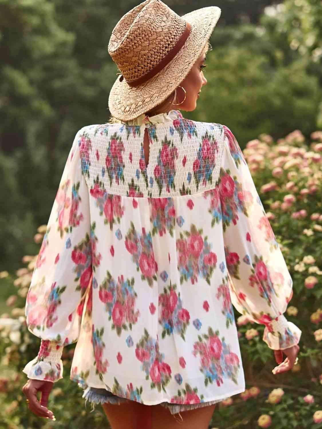 Floral Smocked Lantern Sleeve Blouse Blouses - Tophatter Daily Deals