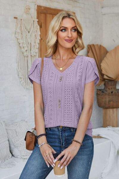 Decorative Button Eyelet V-Neck Short Sleeve T-Shirt Women's T-Shirts - Tophatter Daily Deals