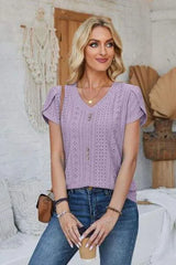 Decorative Button Eyelet V-Neck Short Sleeve T-Shirt Women's T-Shirts - Tophatter Daily Deals