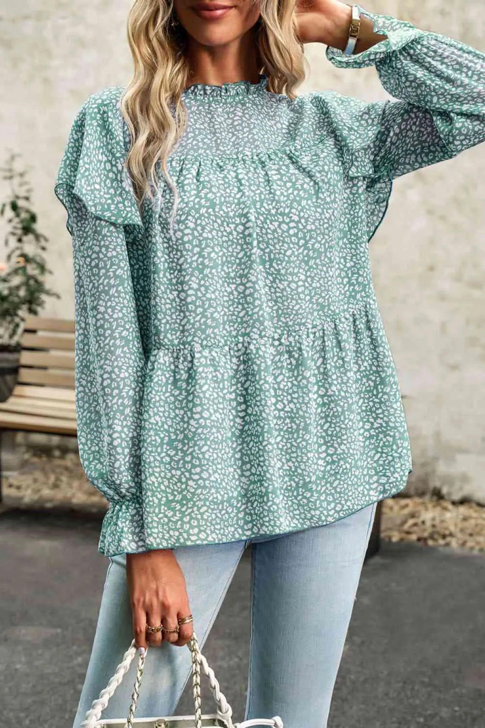 Printed Round Neck Flounce Sleeve Blouse Blouses - Tophatter Daily Deals