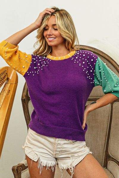 BiBi Color Block Pearl Detail Round Neck Sweater Blouses - Tophatter Daily Deals