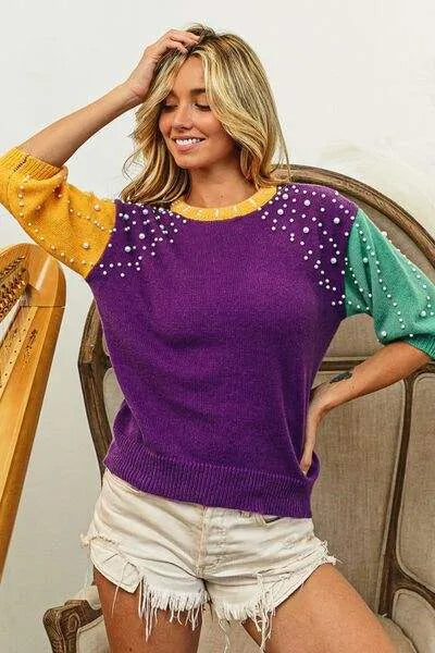 BiBi Color Block Pearl Detail Round Neck Sweater Blouses - Tophatter Daily Deals