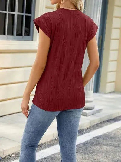 Textured Round Neck Cap Sleeve T-Shirt Women's T-Shirts - Tophatter Daily Deals