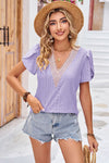 Eyelet V-Neck Petal Sleeve T-Shirt Women's T-Shirts - Tophatter Daily Deals