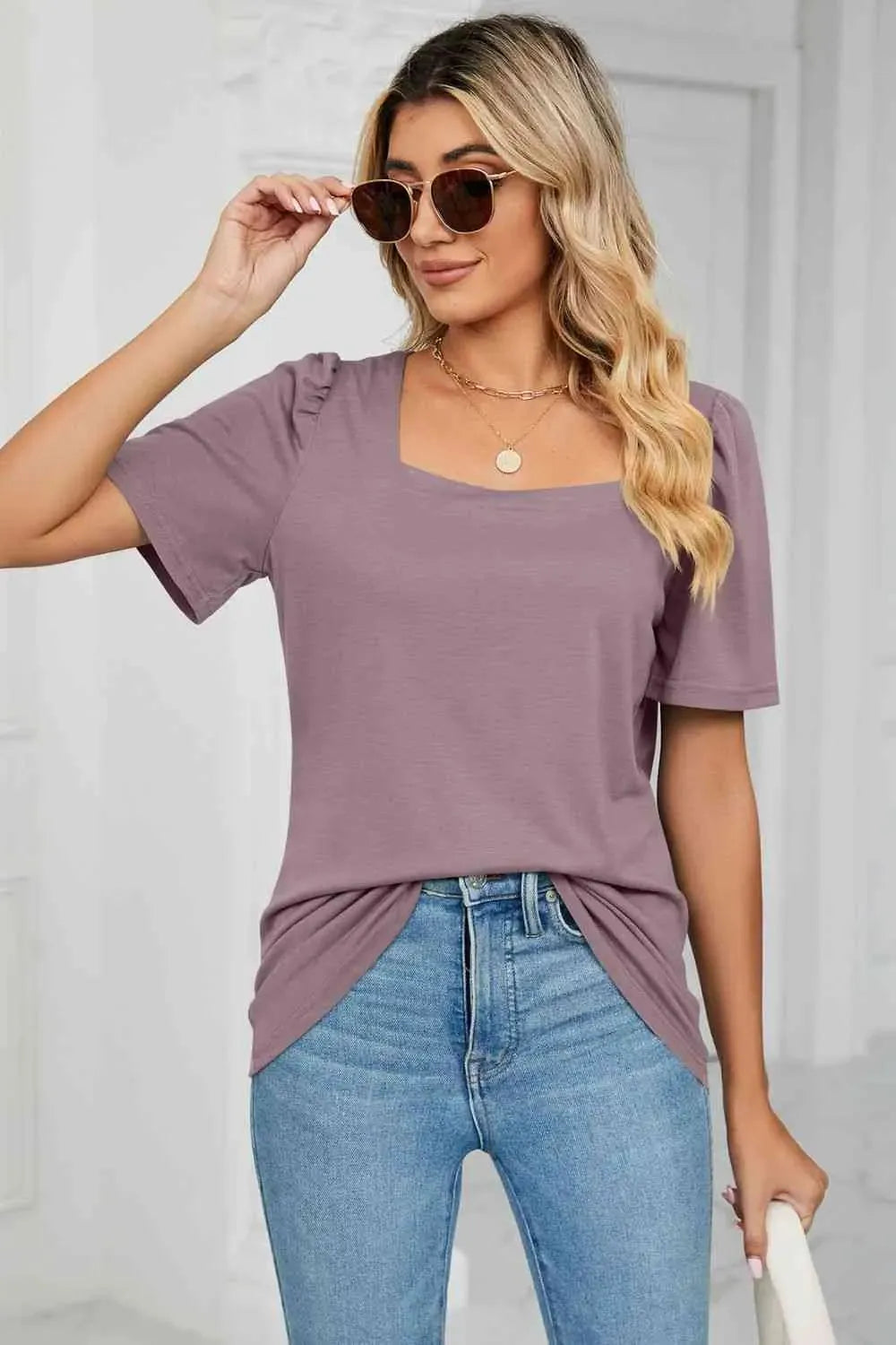 Square Neck Puff Sleeve T-Shirt Women's T-Shirts - Tophatter Daily Deals