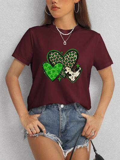 Heart Round Neck Short Sleeve T-Shirt Women's T-Shirts - Tophatter Daily Deals